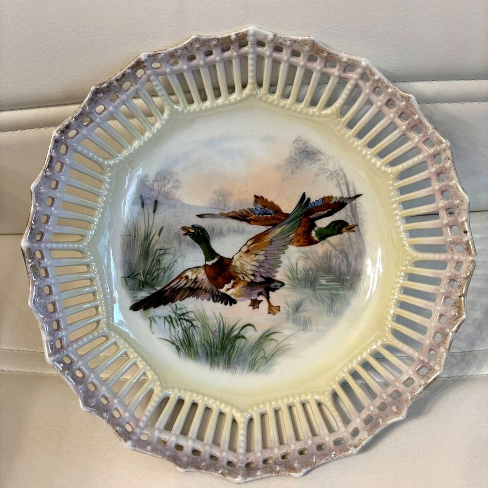 Antique German Porcelain Mallard Duck Bowl 8.25" Hand Painted Pierced Rim